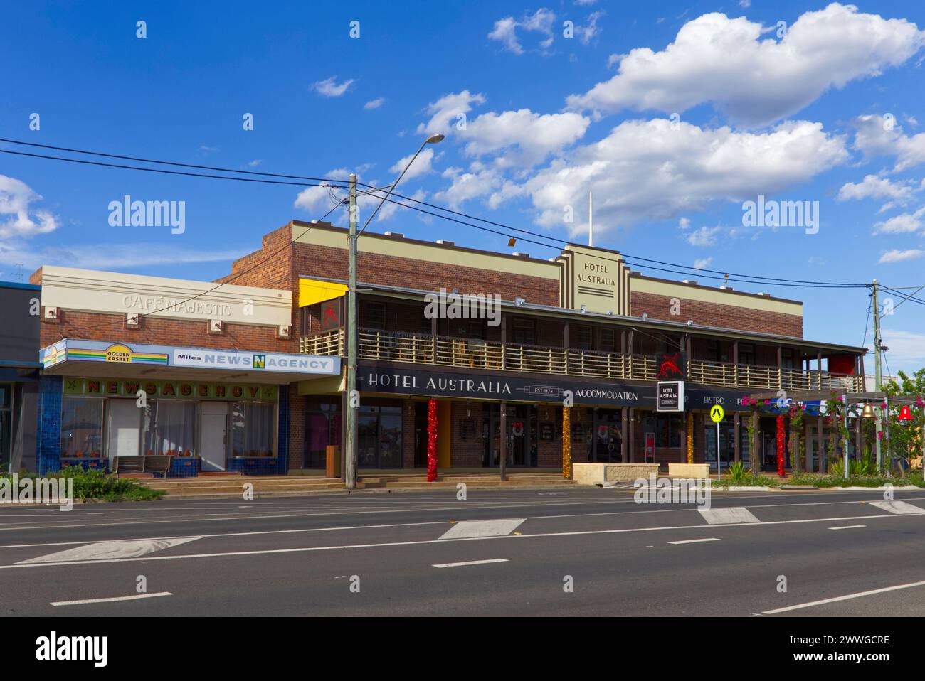 The historic Queensland Hotel is the oldest licensed premises in Miles situated on the Darling Downs Queensland Australia Stock Photo