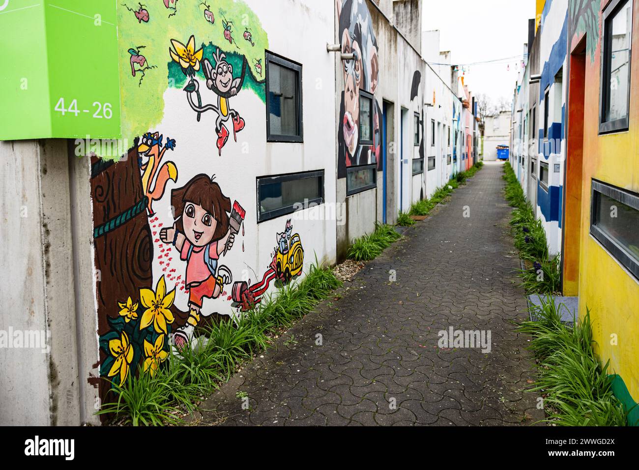 Munich, Germany. 23rd Mar, 2024. Dora the explorer Mural on the wall of the houses in the olympic village in Munich, Germany. (Photo by Alexander Pohl/Sipa USA) Credit: Sipa USA/Alamy Live News Stock Photo