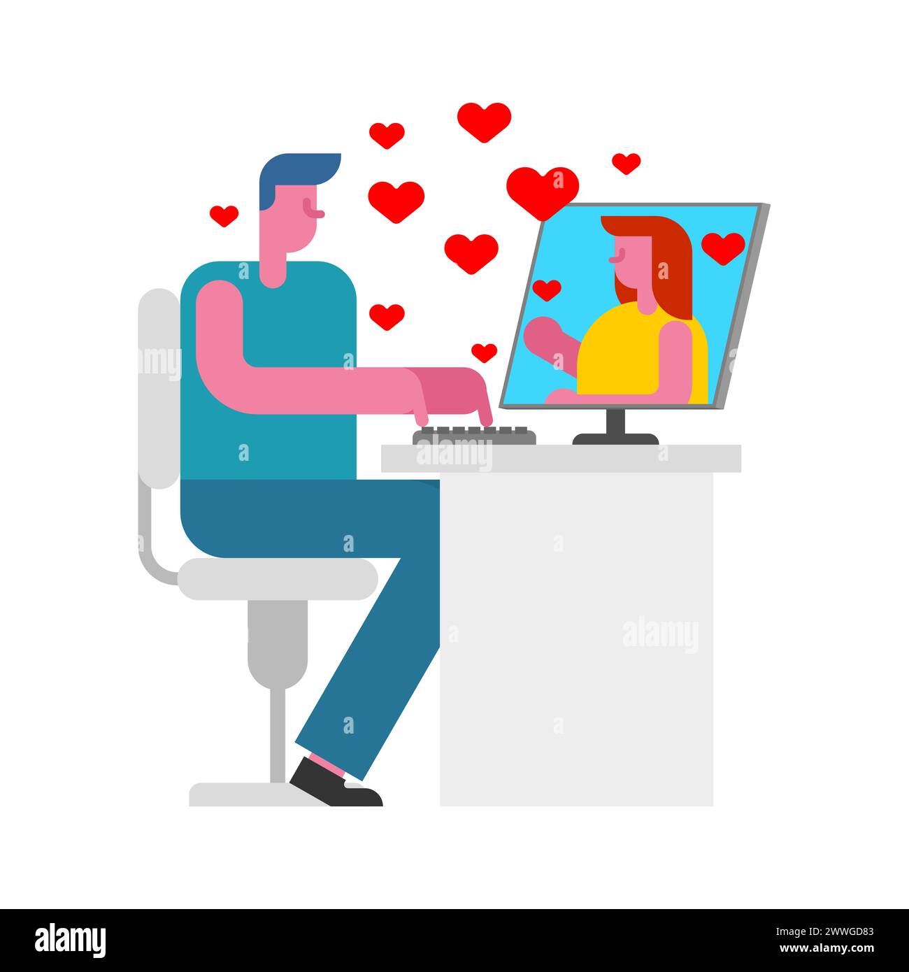 Online love. Virtual love relationships. Love correspondence on Internet. guy at computer writes to his beloved. Online dating. Stock Vector