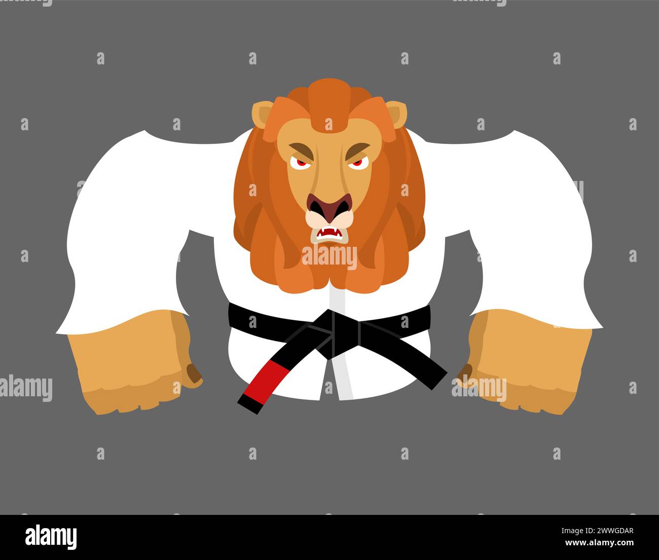 Leo in judo kimono. Karate Lion mascot. Angry sport animal Stock Vector