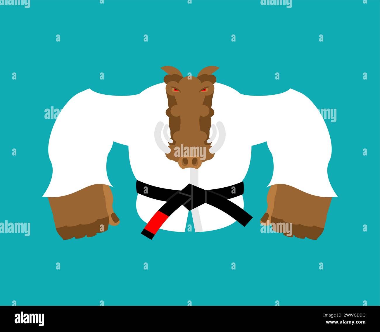 Boar in judo kimono. Karate Warthog mascot. Angry sport animal Stock