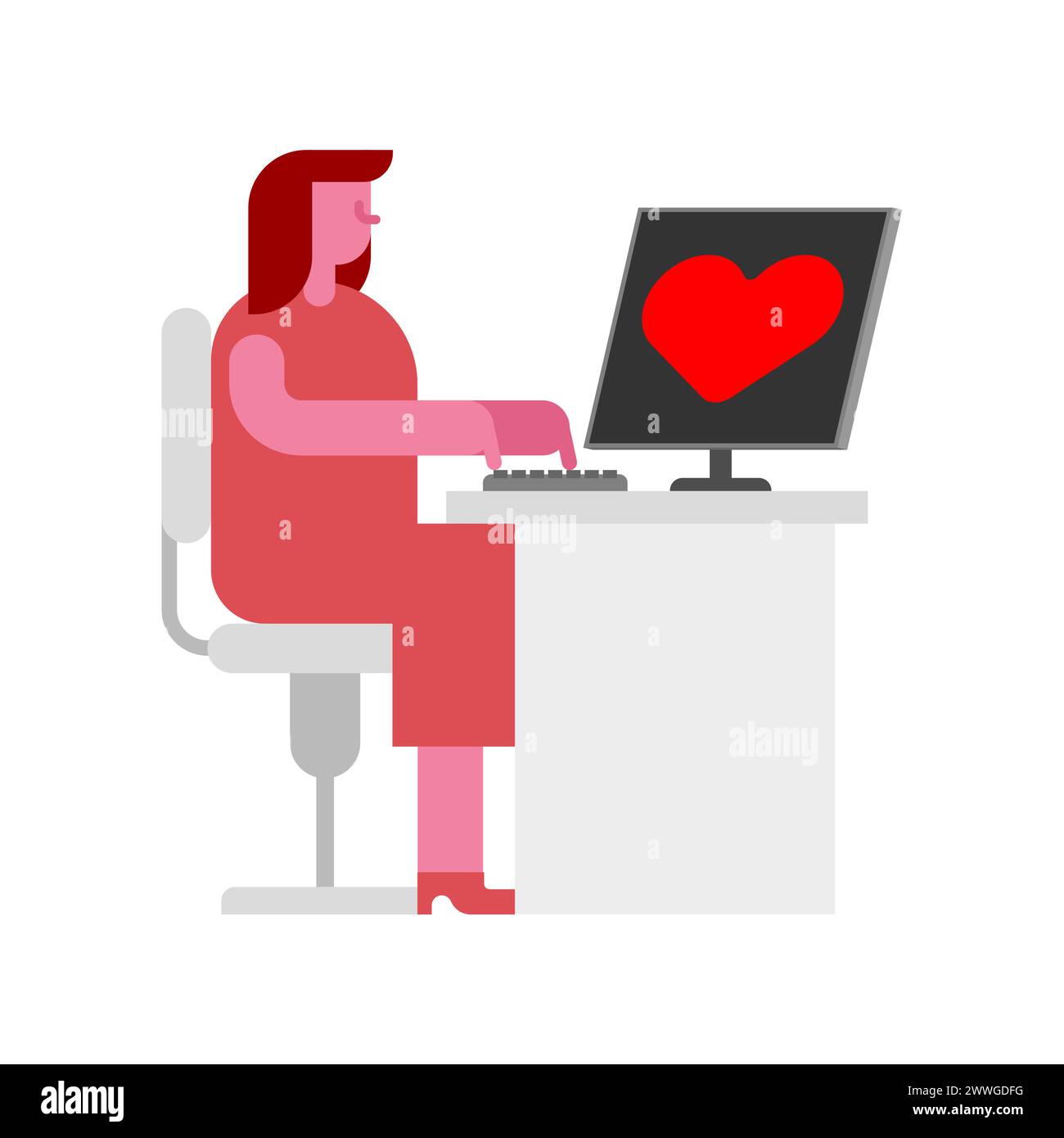 Online love. Virtual love relationships. Love correspondence on Internet. Girl at computer writes to her lover. Online dating. Stock Vector