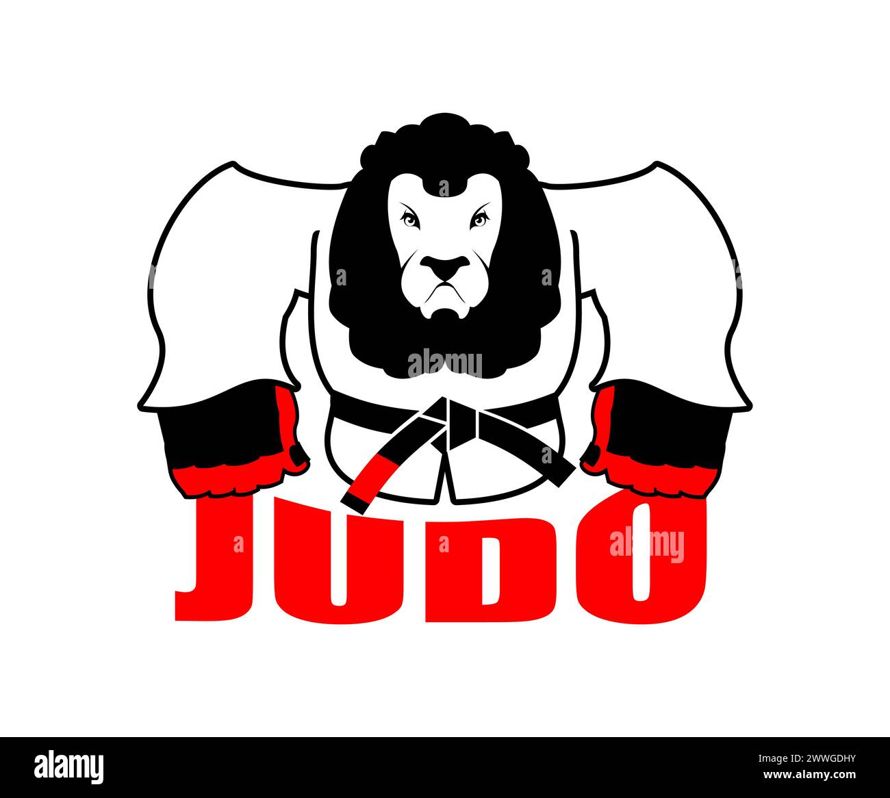 Leo in judo kimono. Karate Lion mascot. Angry sport animal Stock Vector