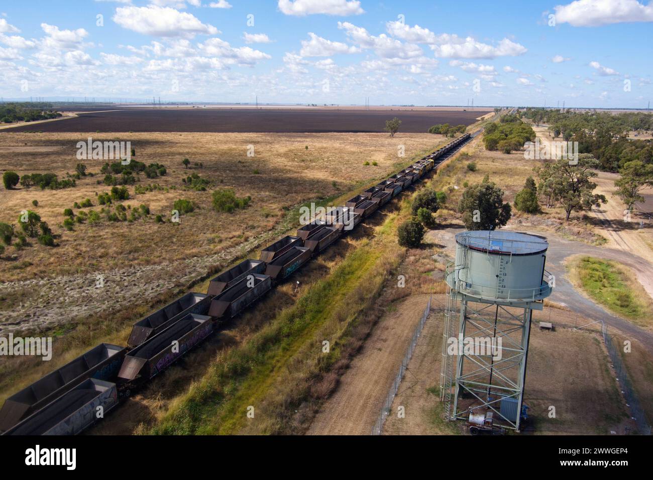 Aerial of Coal Trains passing through Warra on the Darling Downs Queensland Australia Stock Photo