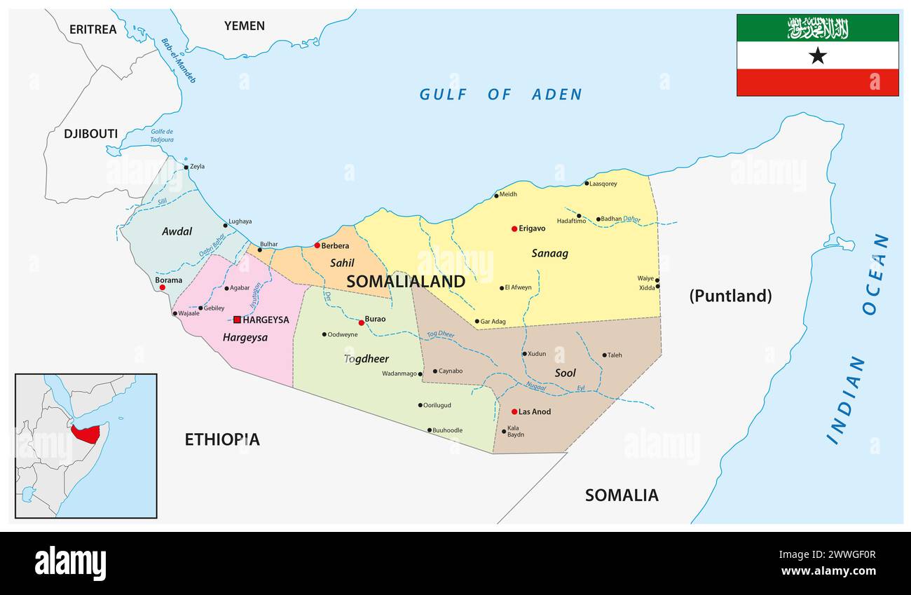Administrative map of the de facto state of Somaliland Stock Photo