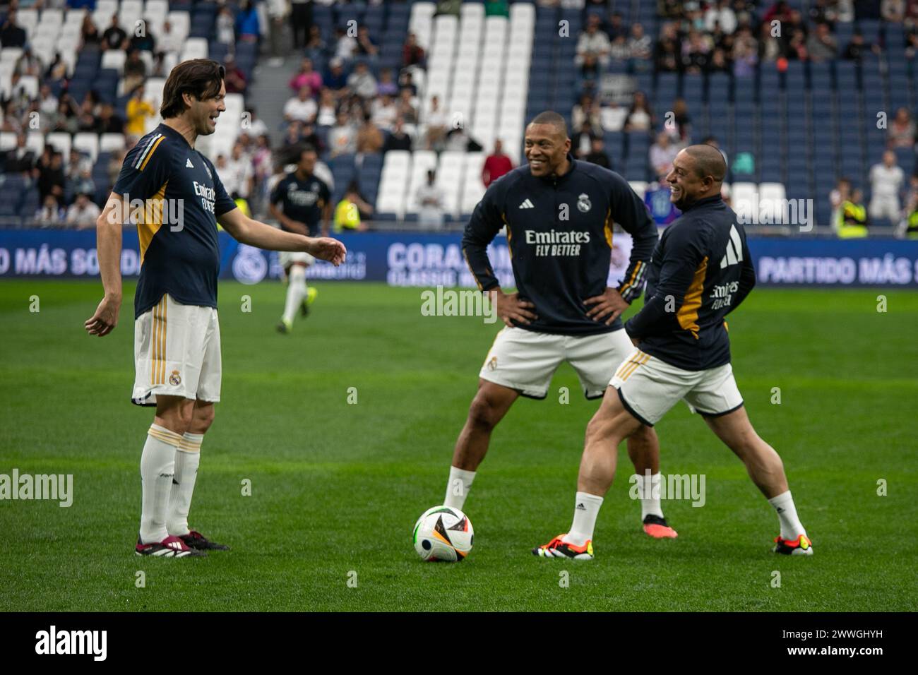 Madrid, Spain. 23rd Mar, 2024. Former Real Madrid first team players Santiago Solari (L), Julio Baptista (C) and Roberto Carlos (R) seen before the Corazón Classic Match between Real Madrid Legends and FC Porto Vintage at Santiago Bernabéu Stadium. Final score; Real Madrid Legends 0:1 FC Porto Vintage. (Photo by David Canales/SOPA Images/Sipa USA) Credit: Sipa USA/Alamy Live News Stock Photo