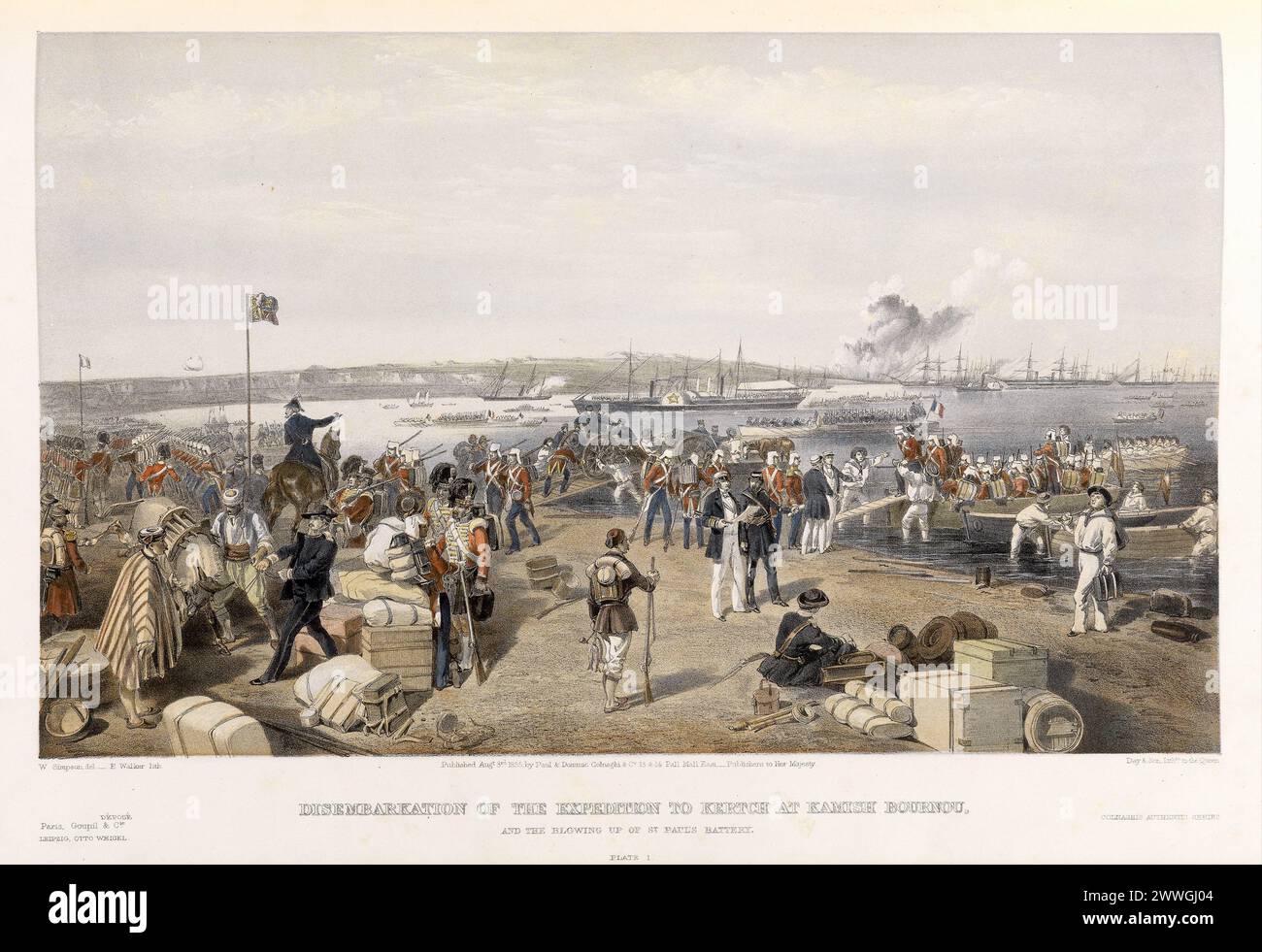 'Disembarcation of the Expedition to Kertch at Kamish Bournou'. Vintage historical Print of the Crimean War, from The Seat of the War in the East by William Simpson, 1855 Stock Photo