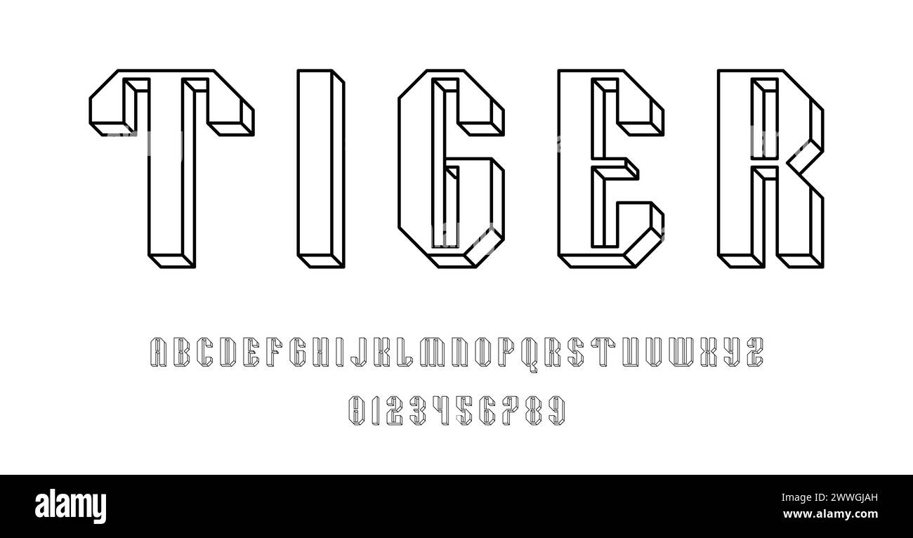 Set of alphabets font letters and numbers modern abstract outline 3D concept design with lines vector illustration Stock Vector