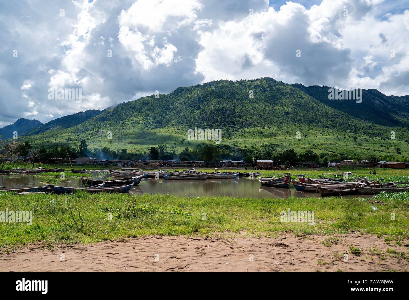 A view of a mountain from the shores of Lake Chilwa in the Machinga district of Malawi. Trocaire and its local groups are helping locals patrol Lake Chilwa to ensure there is no illegal fishing. In 2015, the lake completely dried out because of climate change, which led to the loss of most species of fish, putting more pressure on another vital food source. Picture date: Tuesday March 5, 2024. Stock Photo