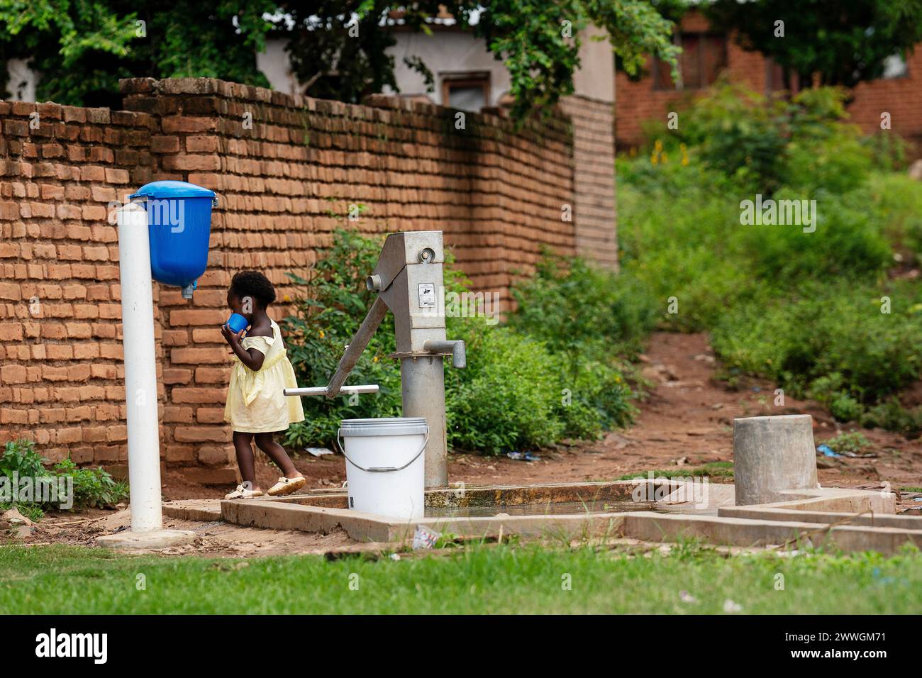 A borehole pump in the flooding-prone regions around Lake Chilwa in the Machinga district of Malawi. Picture date: Tuesday March 5, 2024. Stock Photo
