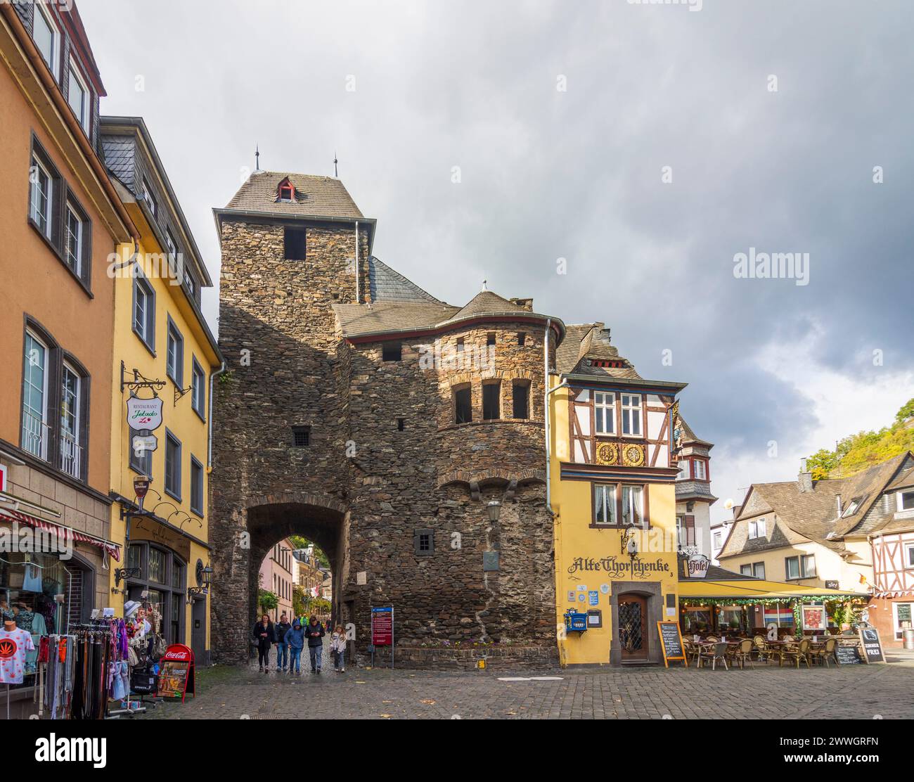 Cochem: Old Town, city gate Enderttor, restaurant in Mosel, Rheinland-Pfalz, Rhineland-Palatinate, Germany Stock Photo