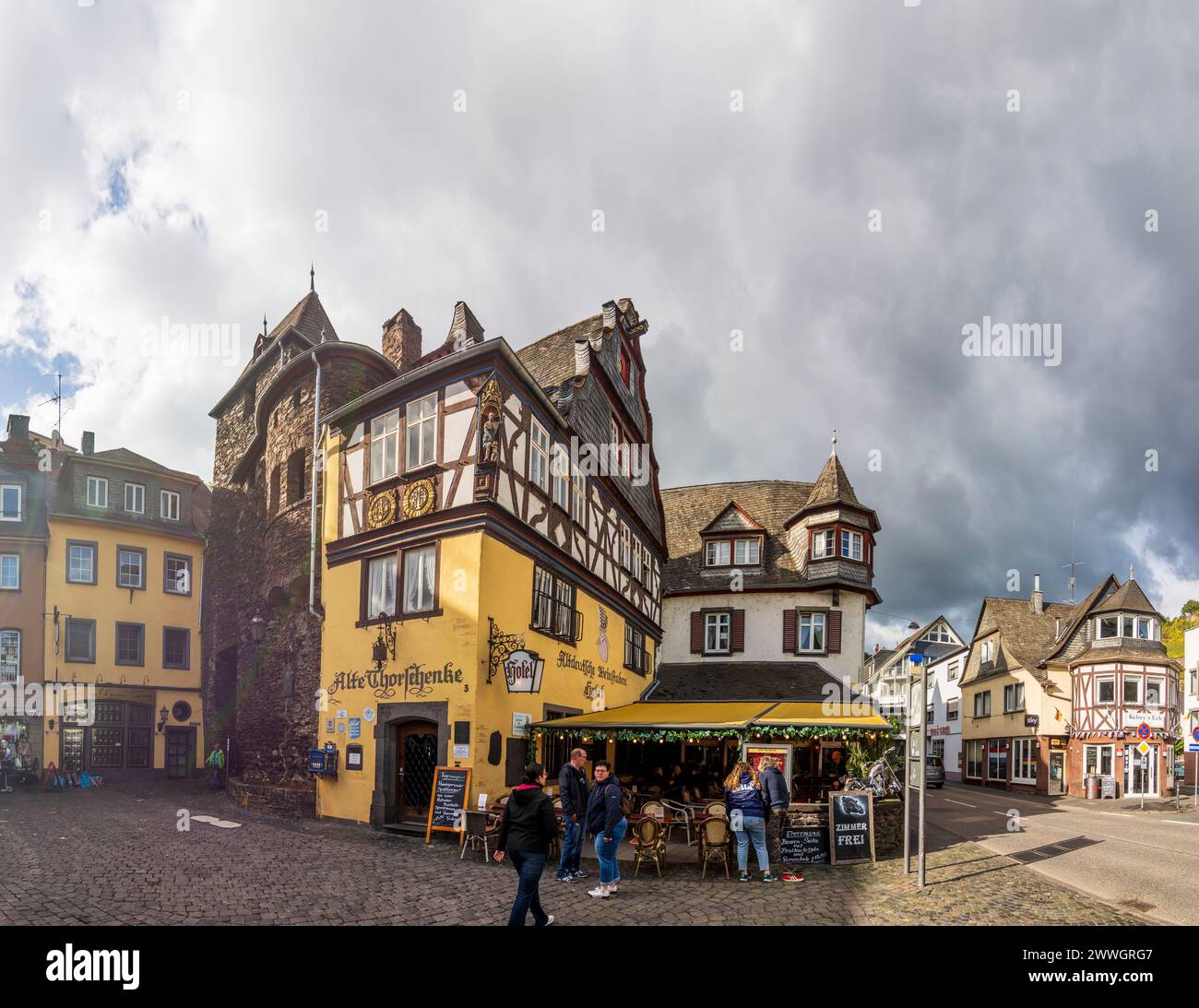 Cochem: Old Town, city gate Enderttor, restaurant in Mosel, Rheinland-Pfalz, Rhineland-Palatinate, Germany Stock Photo