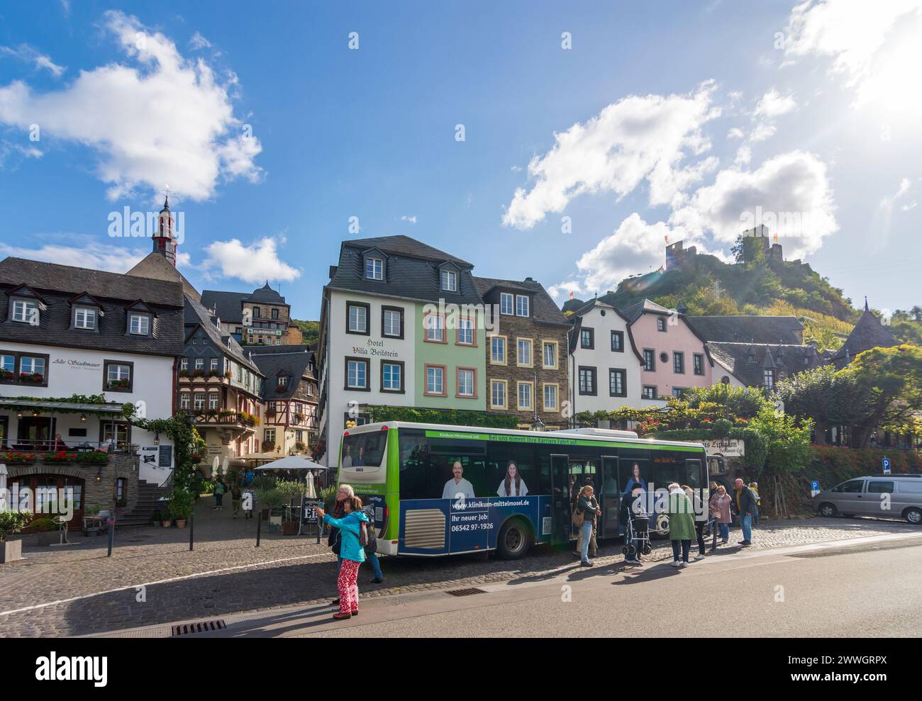 Beilstein: Old Town, Metternich Castle, bus stop in Mosel, Rheinland-Pfalz, Rhineland-Palatinate, Germany Stock Photo
