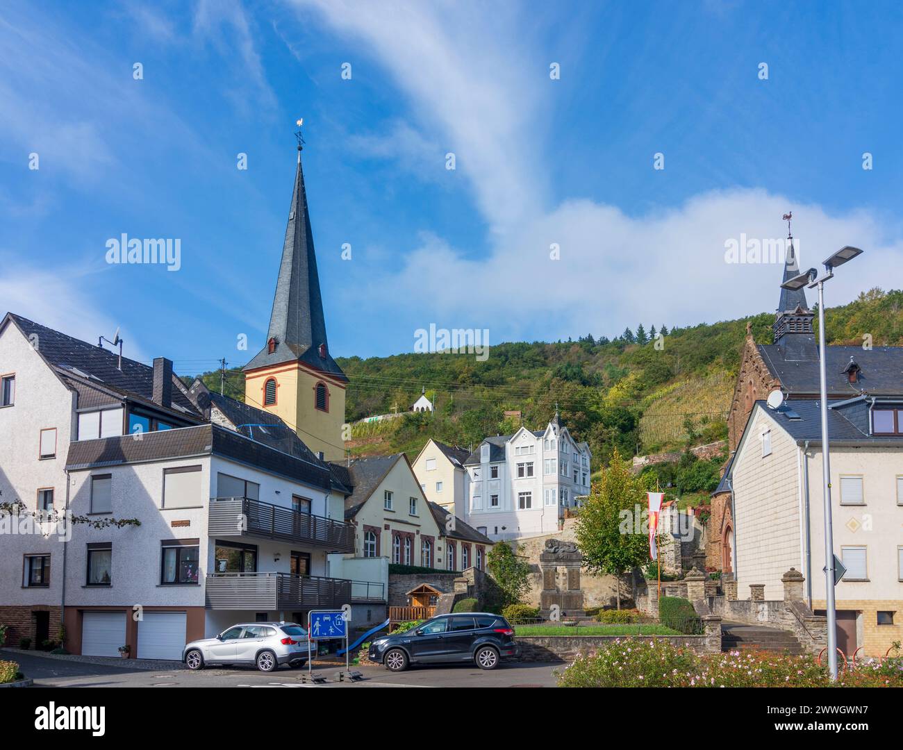 Alf: Old church tower in Mosel, Rheinland-Pfalz, Rhineland-Palatinate, Germany Stock Photo