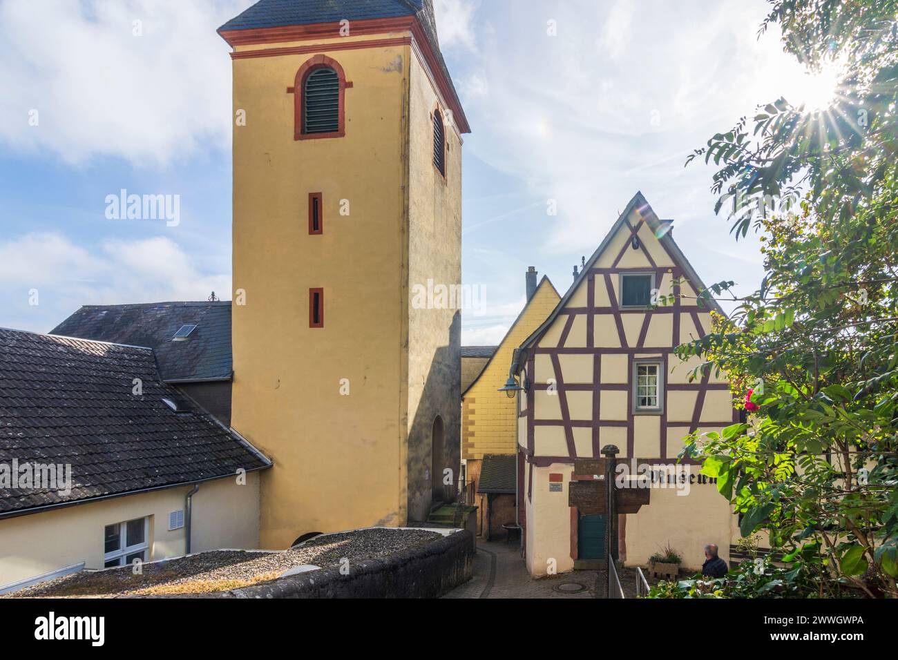 Alf: Old church tower in Mosel, Rheinland-Pfalz, Rhineland-Palatinate, Germany Stock Photo