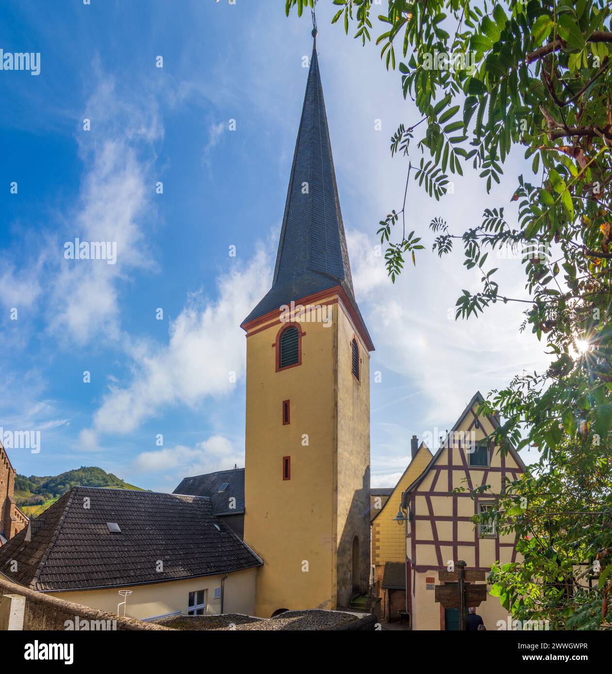 Alf: Old church tower in Mosel, Rheinland-Pfalz, Rhineland-Palatinate, Germany Stock Photo