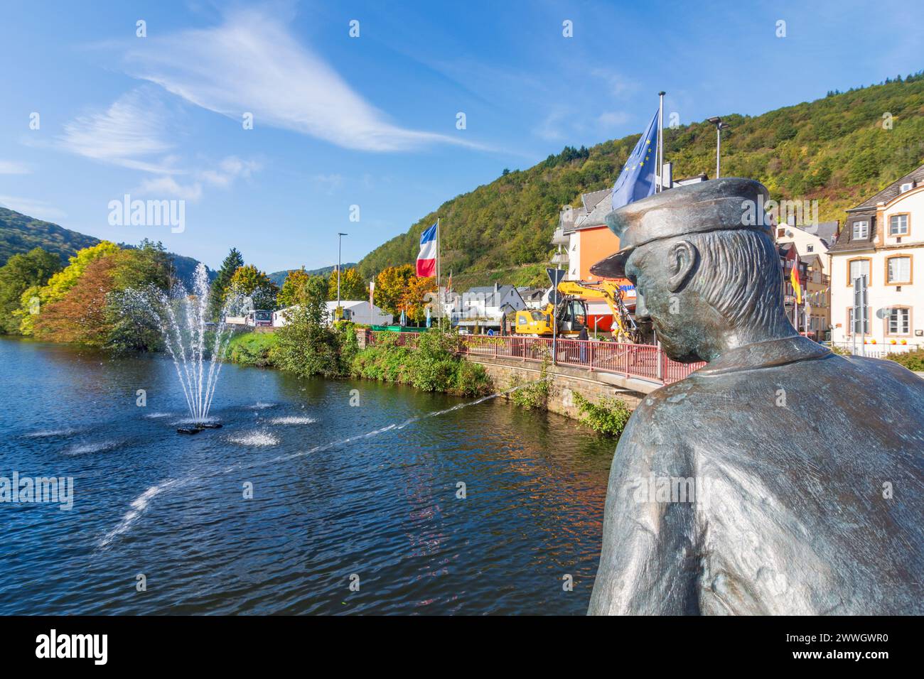 Alf: artwork spitting man, stream Alfbach in Mosel, Rheinland-Pfalz, Rhineland-Palatinate, Germany Stock Photo
