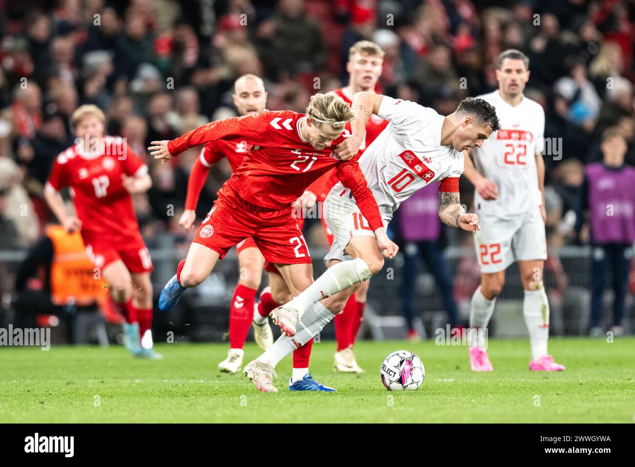 Copenhagen, Denmark. 23rd Mar, 2024. Morten Hjulmand (21) of Denmark and Granit Xhaka (10) of Switzerland seen during the football friendly match between Denmark and Switzerland at Parken in Copenhagen. (Photo Credit: Gonzales Photo/Alamy Live News Stock Photo