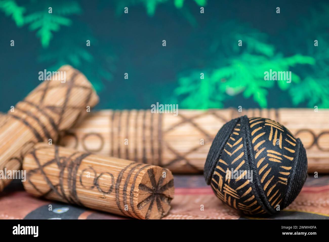 Musical traditional ethnical and tribal rhythmic idiophones made of wood with some grains or send inside, when shacked makes nice sound Stock Photo