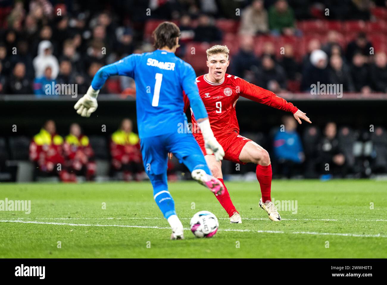 Copenhagen, Denmark. 23rd Mar, 2024. Rasmus Hojlund (9) of Denmark seen ...