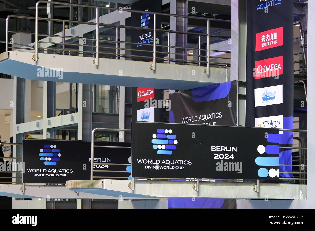 Berlin, Germany - March 22, 2024: Event logos on the decoration board seen in Schwimm- & Sprunghalle im Europasportpark (SSE) arena during the World Aquatics Diving World Cup 2024 in Berlin, Germany Stock Photo