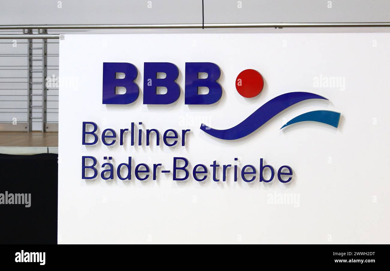 Berlin, Germany - March 22, 2024: The Berliner Bader-Betriebe (BBB) logo seen in Schwimm- & Sprunghalle im Europasportpark (SSE) arena. BBB is the largest municipal pool operator in Europe Stock Photo