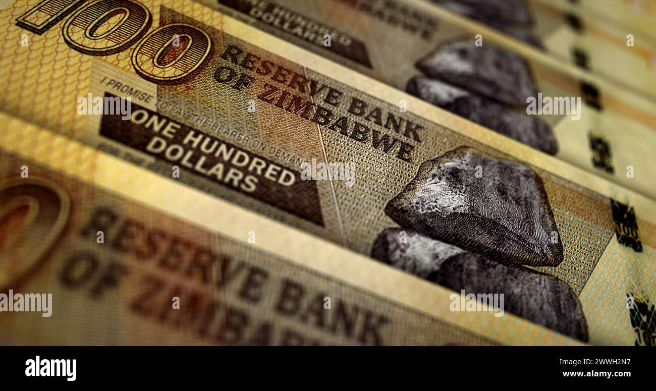 Zimbabwean dollars money printing 3d illustration. 100 ZWL banknote print. Concept of finance, cash, economy crisis, business success, recession, bank Stock Photo