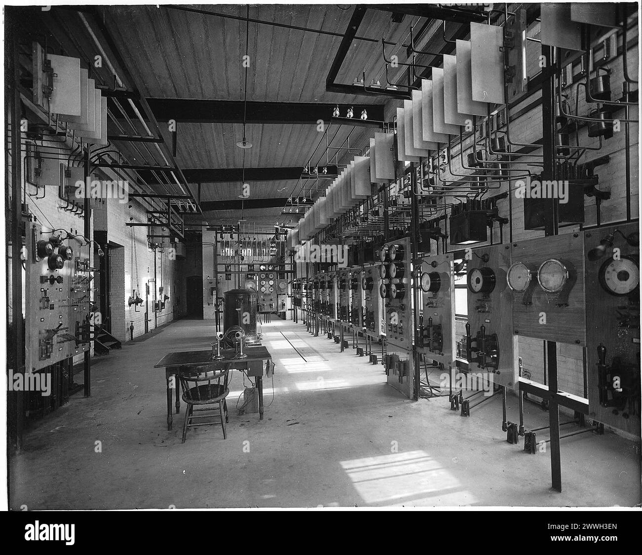 Interior of the power plant, Shawinigan Power Company, Trois-Rivières, QC, circa 1913.  Vintage  Canada Photography.   Photo Credits: Wm. Notman & Son Stock Photo