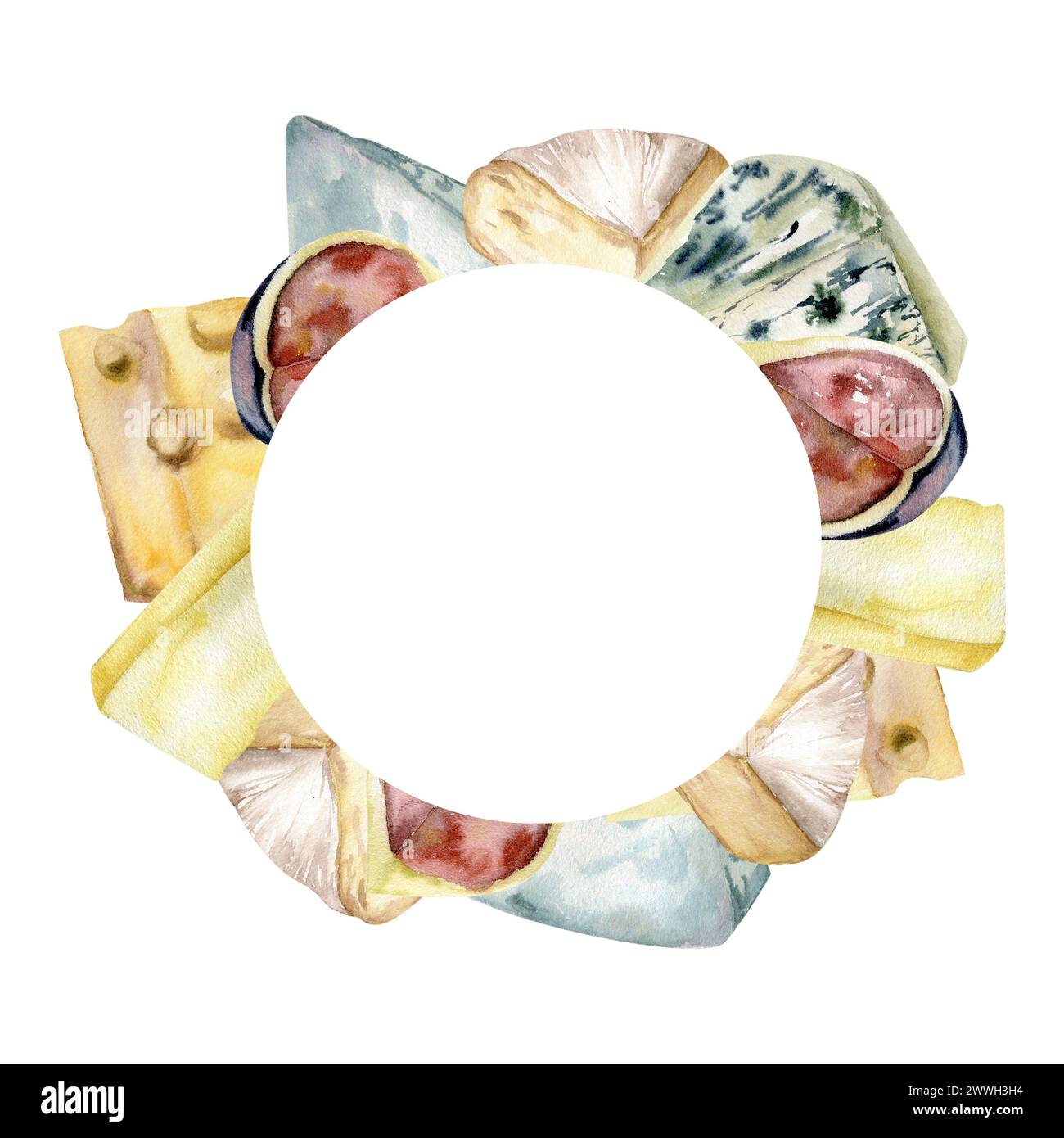 Cheese plate watercolor frame. Hand drawn food illustration with brie ...