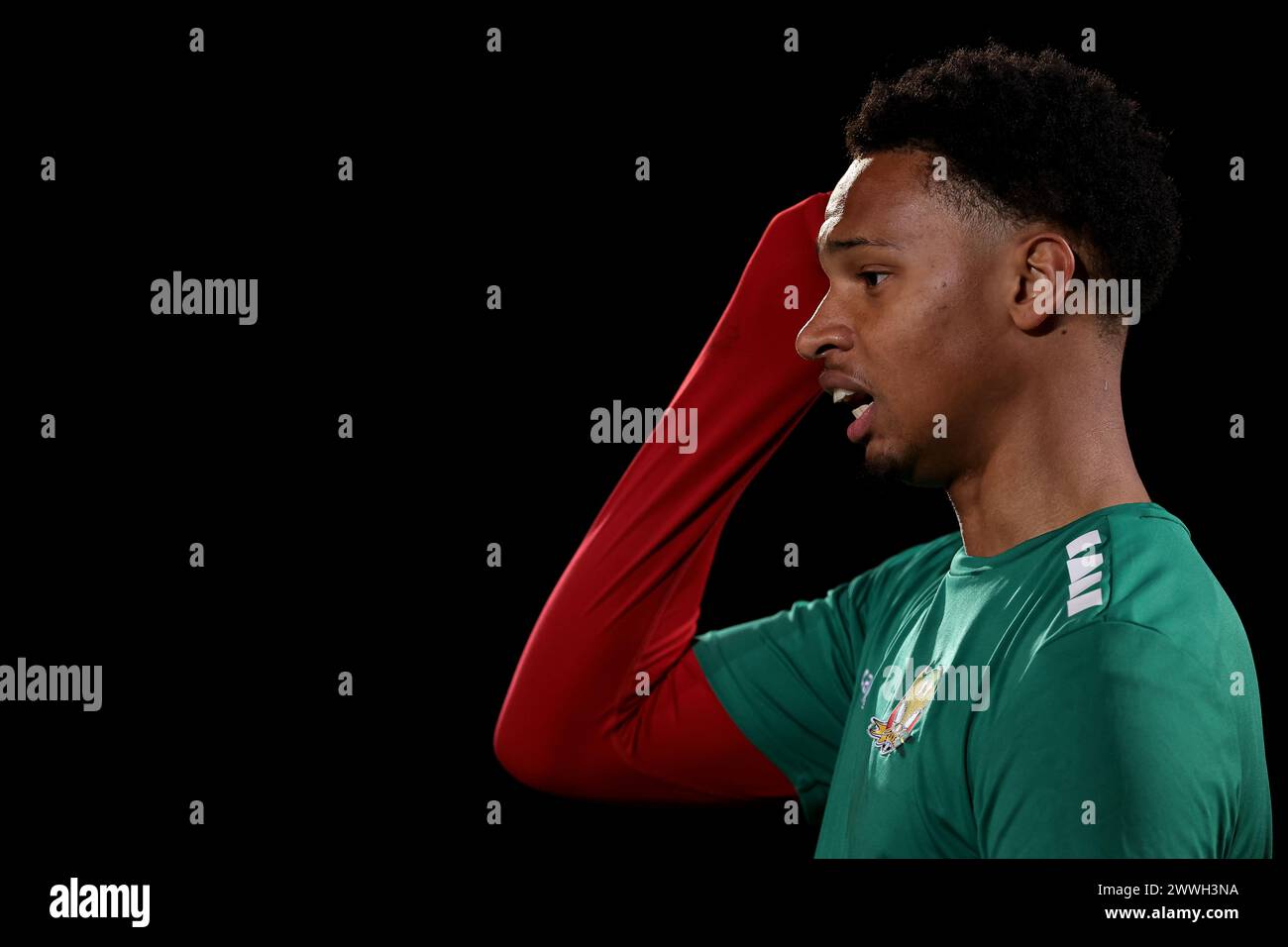 Serravalle, Italy. 20th Mar, 2024. Diego Edwards of St. Kitts and Nevis reacts during the warm up prior to the International Friendly match at San Marino Stadium, Serravalle. Picture credit should read: Jonathan Moscrop/Sportimage Credit: Sportimage Ltd/Alamy Live News Stock Photo