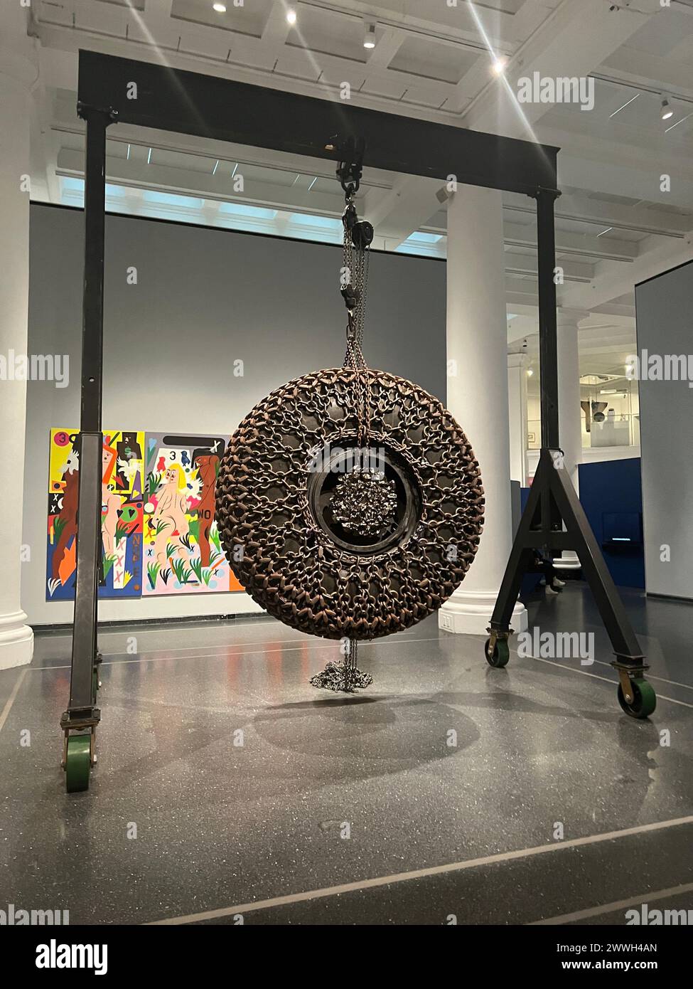 Big Wheel 1, 2018, by Arthur Jafa. Chains, rim, hubcap, tire. Giants exhibition at the Brooklyn Museum; Art from the Dean Collection of Swizz Beatz and Alicia Keys Stock Photo