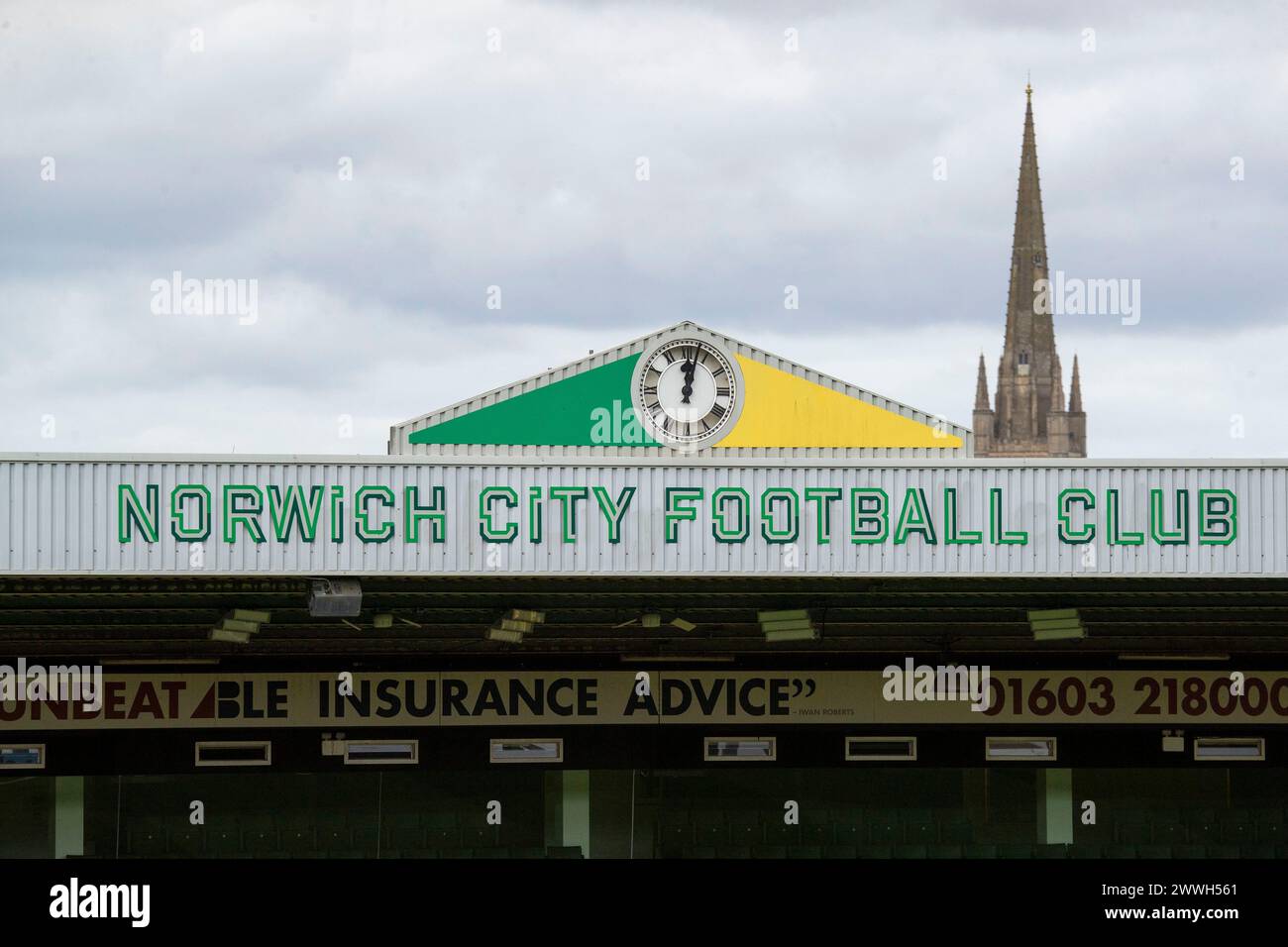 Norwich on Sunday 24th March 2024. A general view of the Norwich City FC logo with Norwich Cathedral the FA Women's National League Division One match between Norwich City Women and Queens Park Rangers at Carrow Road, Norwich on Sunday 24th March 2024. (Photo: David Watts | MI News) Credit: MI News & Sport /Alamy Live News Stock Photo