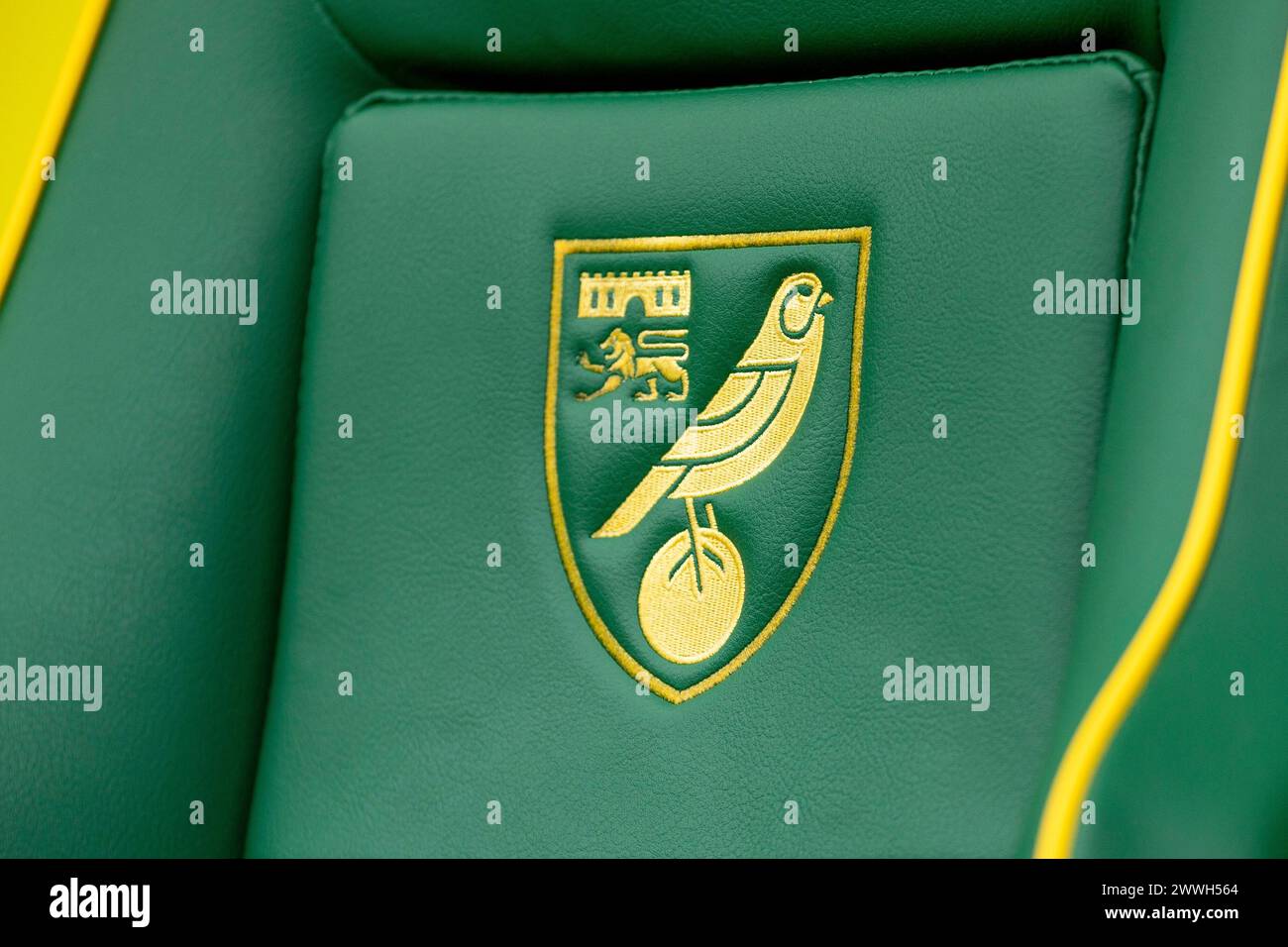 Norwich on Sunday 24th March 2024. A general view of Norwich City FC logo on the bench before the FA Women's National League Division One match between Norwich City Women and Queens Park Rangers at Carrow Road, Norwich on Sunday 24th March 2024. (Photo: David Watts | MI News) Credit: MI News & Sport /Alamy Live News Stock Photo