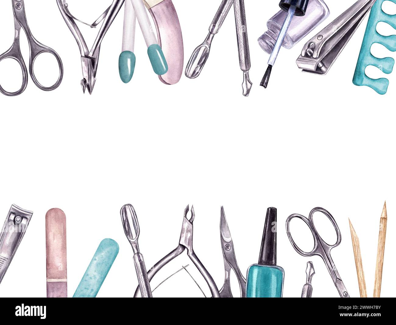 Manicure tools, color palette. Horizontal frame with copy space for ...