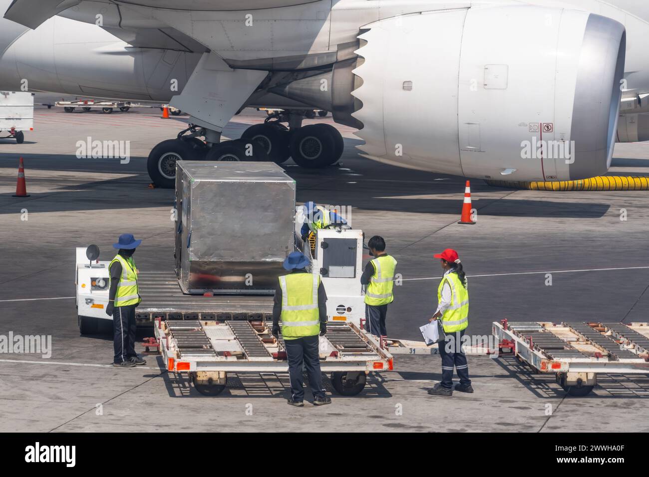 Loading Platform Of Air Freight To The Aircraft Before Flight. Loading 