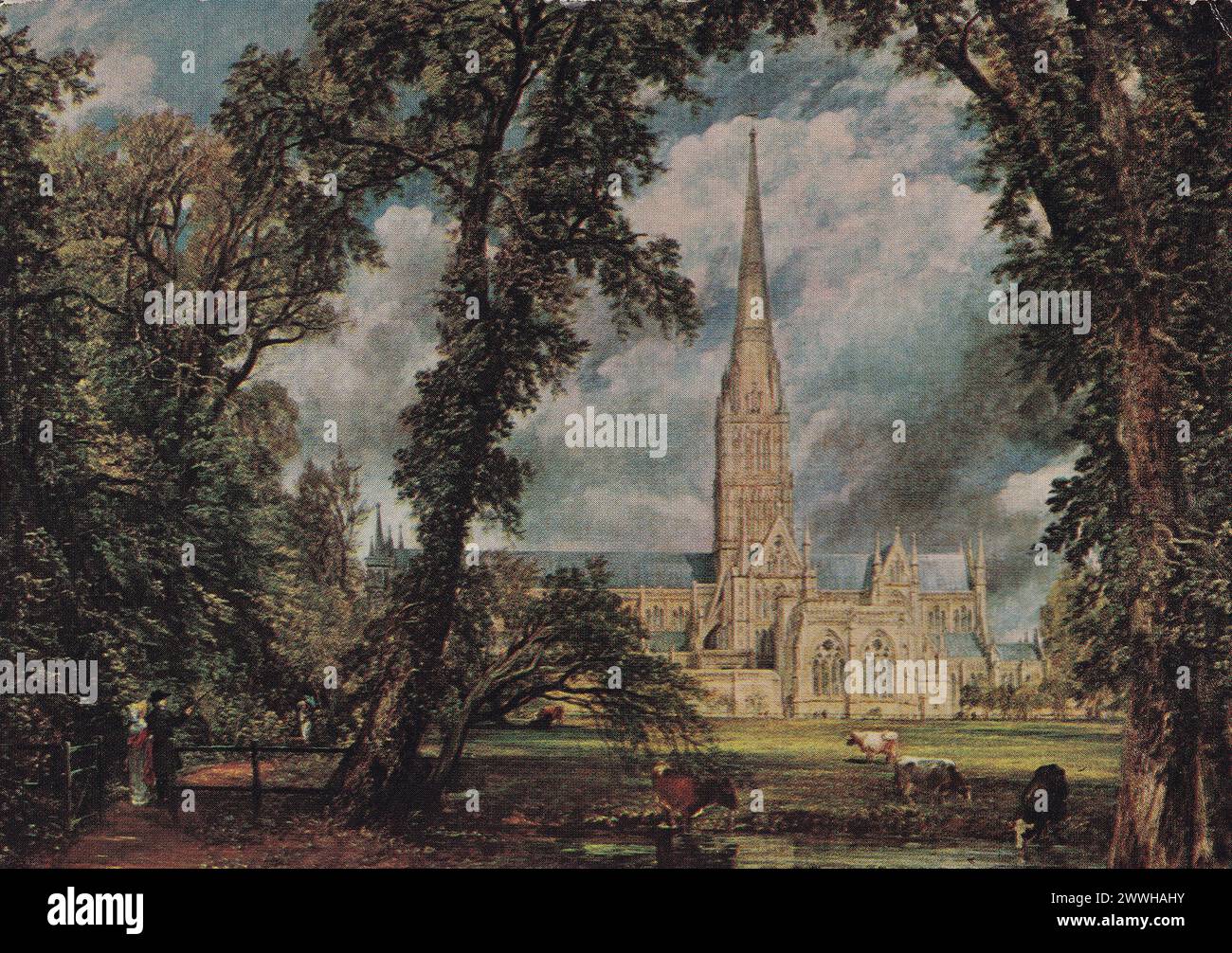 Vintage postcard of Salisbury Cathedral, England by John Constable. Stock Photo