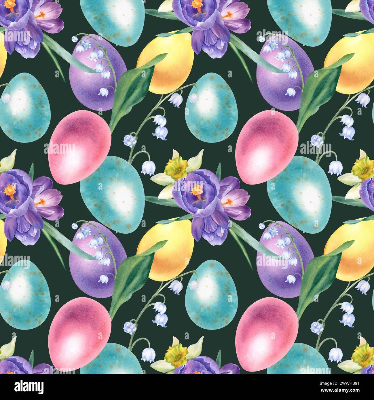 The watercolor pattern consists of Easter eggs and spring flowers ...
