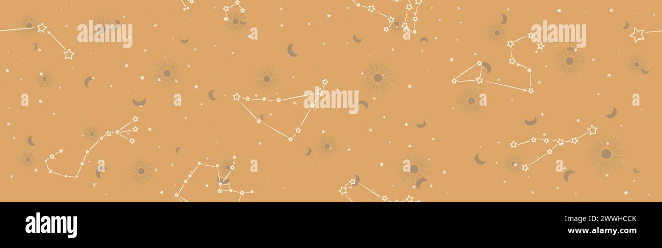 Tarot seamless pattern with beige constellations and stars on a brown background. Mystical esoteric boho background for astrology wrapping paper Stock Vector