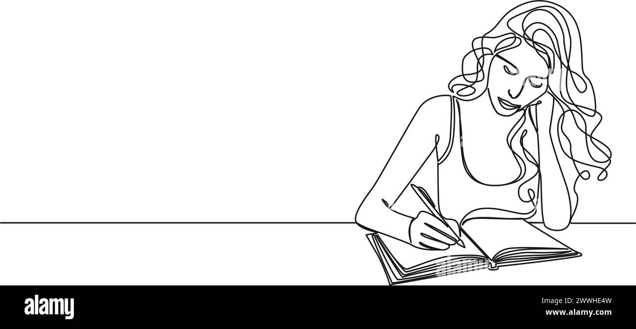 continuous single line drawing of woman taking notes in journal or diary, line art vector illustration Stock Vector