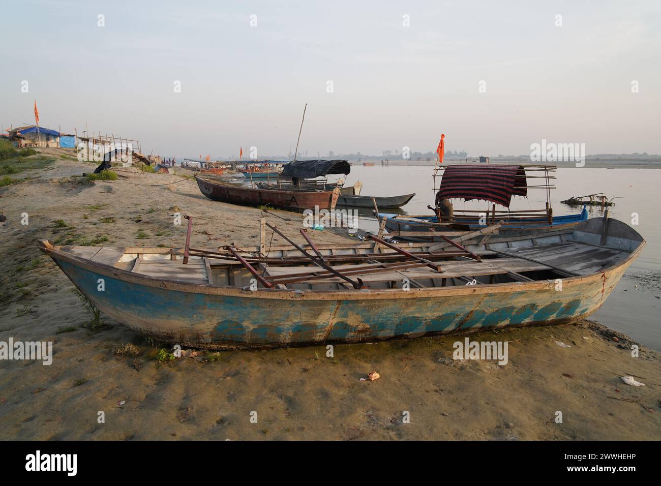 Ferry boats on the Ganges. Sarsaiya Ghat, Kanpur, Uttar Pradesh, India