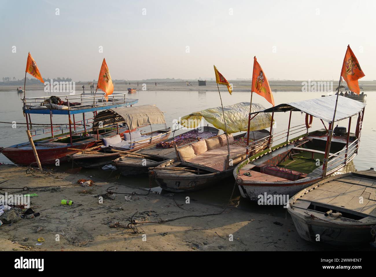 Ferry boats on the Ganges. Sarsaiya Ghat, Kanpur, Uttar Pradesh, India