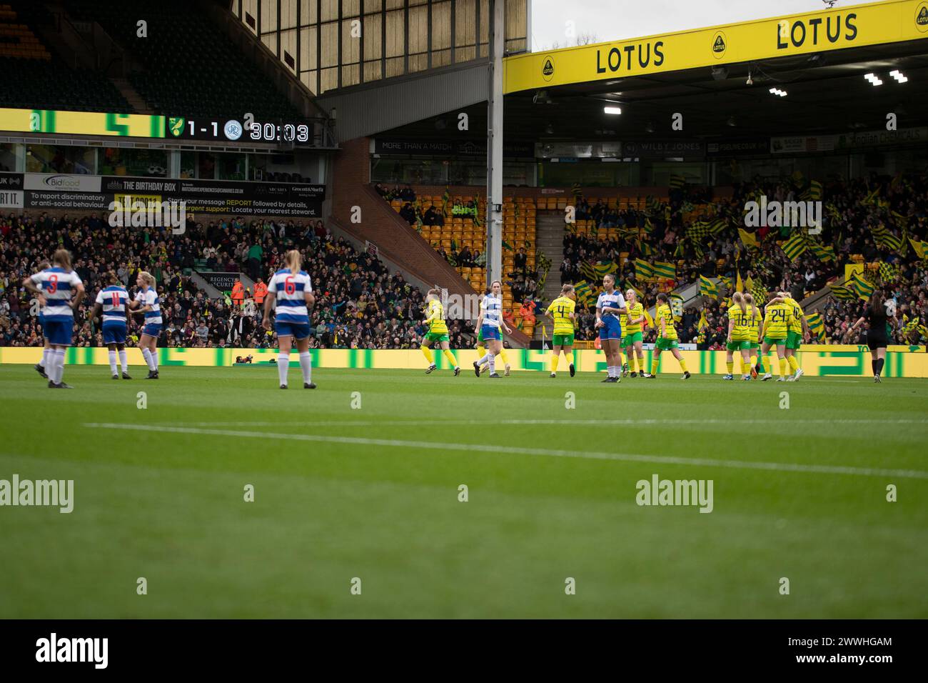 Norwich on Sunday 24th March 2024. A general view of Norwich City FC stadium after Rachel Lawrence of Norwich City makes it 1-1 during the FA Women's National League Division One match between Norwich City Women and Queens Park Rangers at Carrow Road, Norwich on Sunday 24th March 2024. (Photo: David Watts | MI News) Credit: MI News & Sport /Alamy Live News Stock Photo