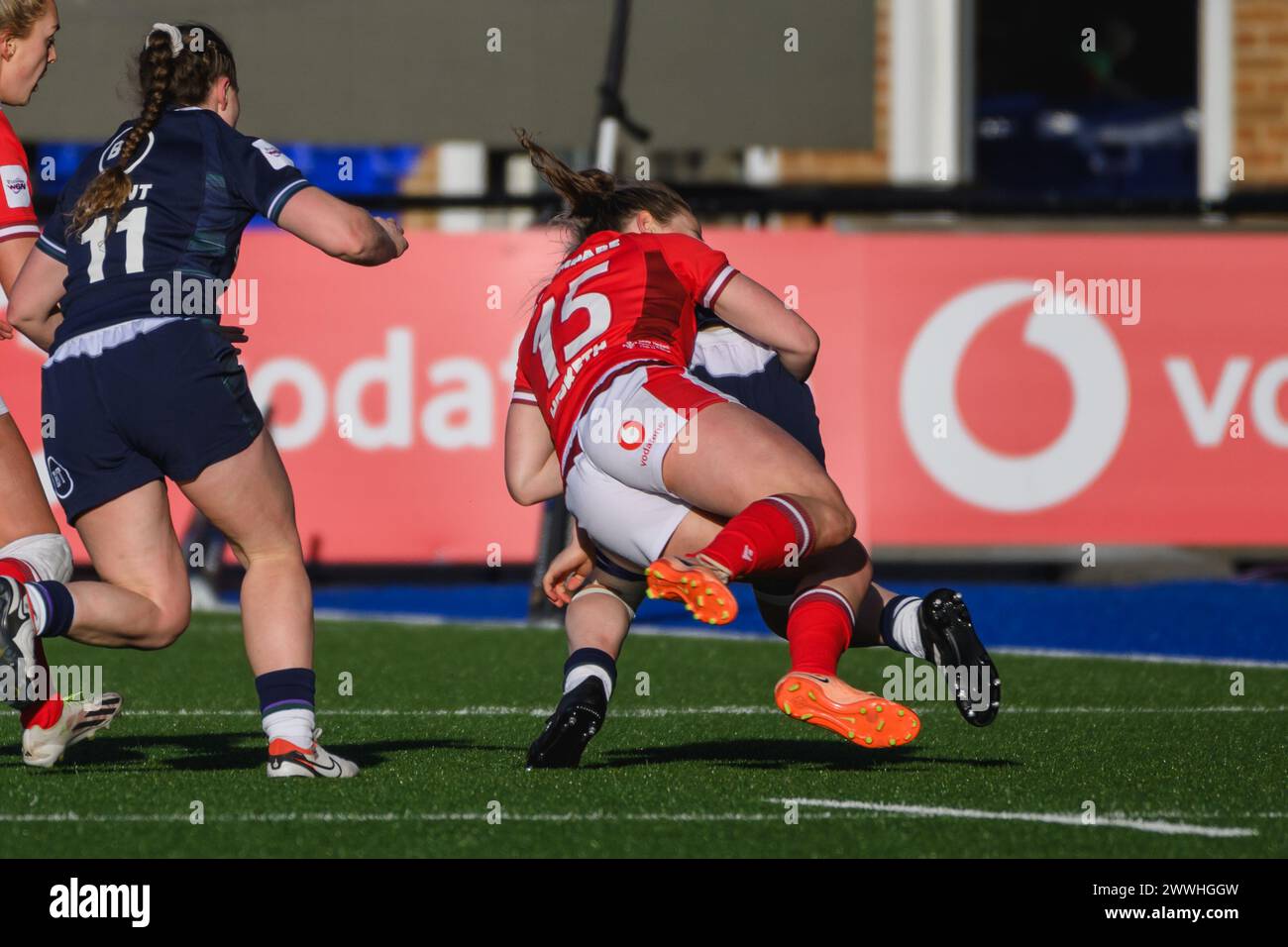 Cardiff, Wales. 23rd March 2024. Jenny Hesketh makes tackle during the