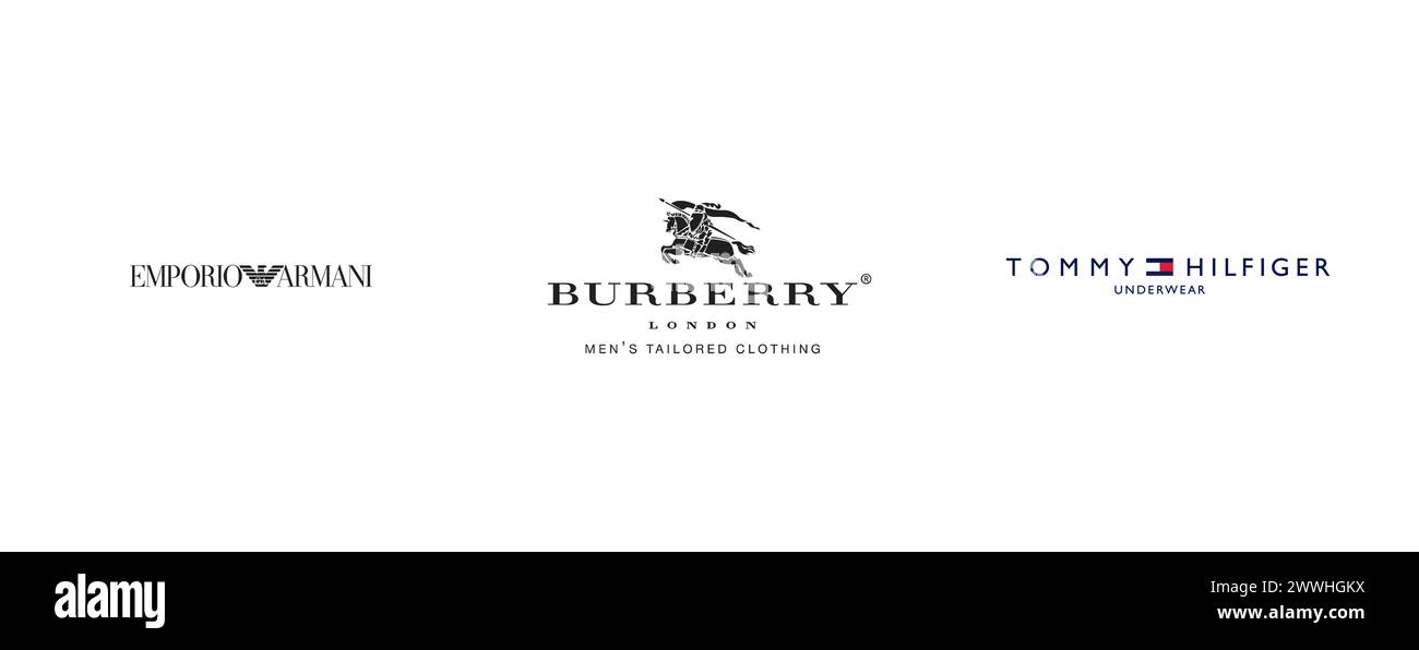 Burberry, Tommy Hilfiger , EMPORIO ARMANI. Editorial vector logo collection. Stock Vector