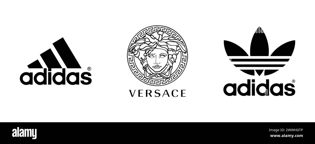 Adidas, Versace, Adidas Originals. Editorial vector logo collection. Stock Vector