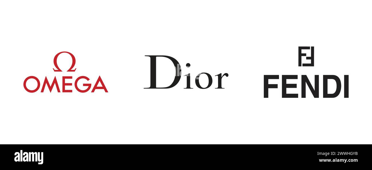 Dior, Fendi, Omega. Editorial vector logo collection. Stock Vector