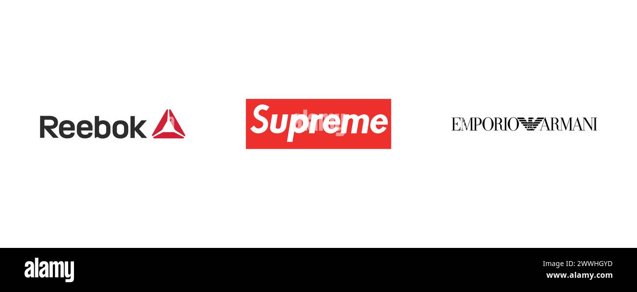 Supreme, Reebok, Emporio Armani . Editorial vector logo collection. Stock Vector