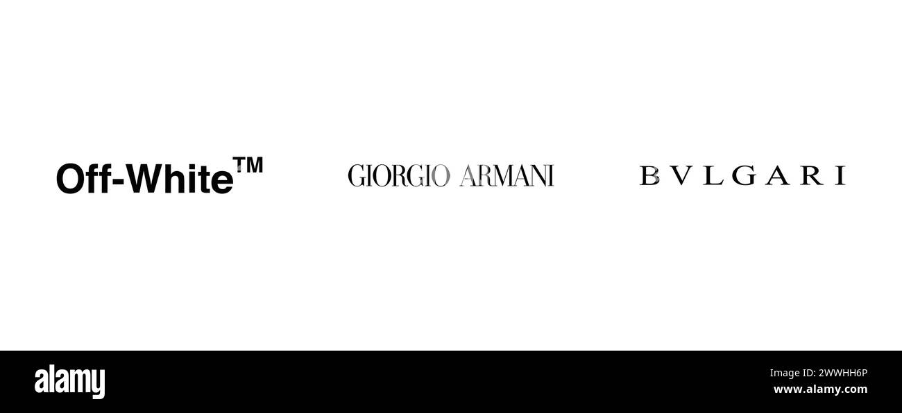 Bulgari , Off White , Giorgio Armani. Editorial vector logo collection. Stock Vector