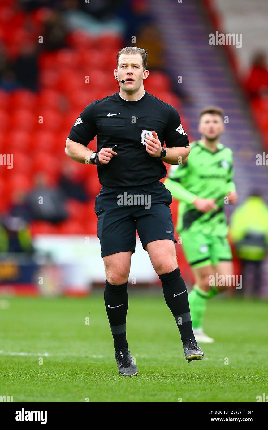 Eco - Power Stadium, Doncaster, England - 23rd March 2024 Referee Anthony Backhouse - during the game Doncaster Rovers v Forest Green, Sky Bet League Two,  2023/24, Eco - Power Stadium, Doncaster, England - 23rd March 2024  Credit: Arthur Haigh/WhiteRosePhotos/Alamy Live News Stock Photo
