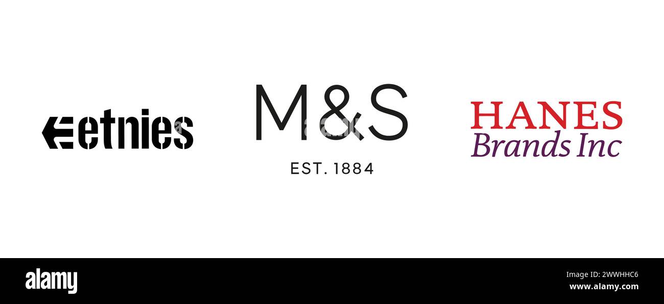 Hanes brands, Marks and Spencer, Etnies. Editorial vector logo collection. Stock Vector